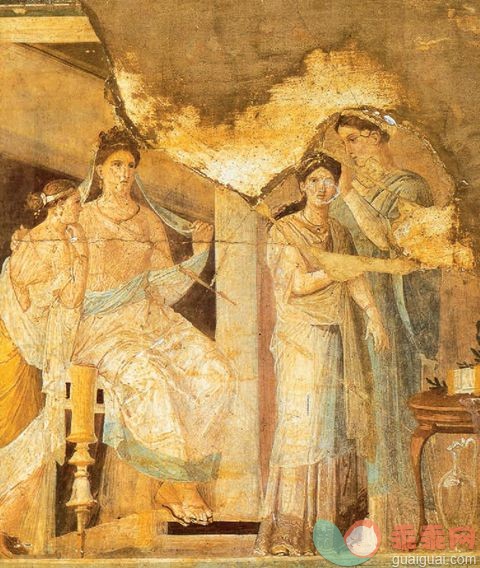 古罗马壁画：富裕的罗马贵妇人。她们奴仆成群，拥有华丽的房子，她们的时间大多花在装扮美容、挑选衣服和娱乐上。