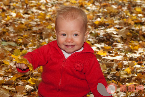 人,生活方式,12到17个月,户外,快乐_105774217_A baby standing amongst autumn leaves_创意图片_Getty Images China